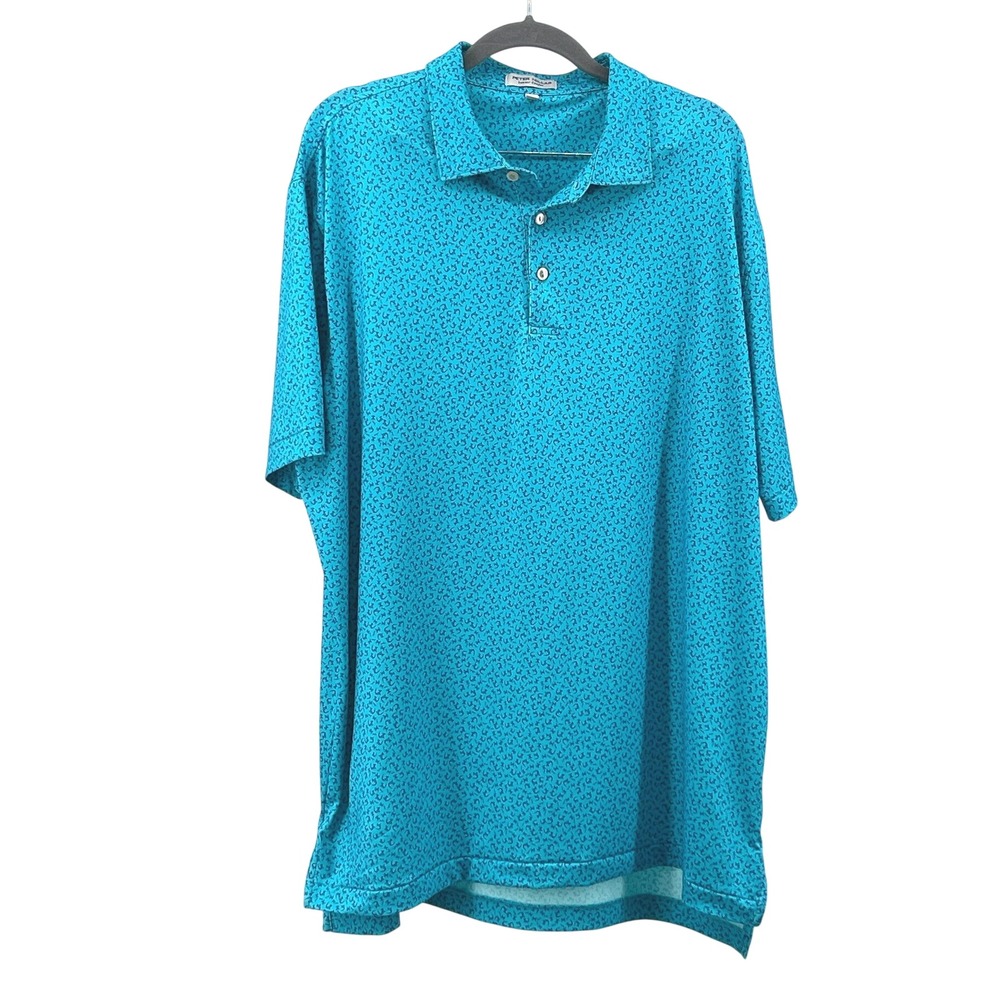 Peter Millar Summer‎ Comfort Polo Mens L Blue Hammerhead Shark Print Golf Shirt